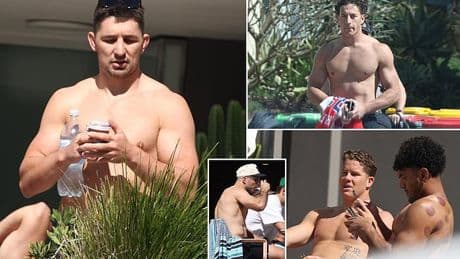 Footy star Victor Radley joins his shirtless teammates at a trendy Sydney beach café just days before court hears drug supply case he was unwittingly swept into