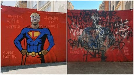 Vandalizan el mural de Lamine Yamal vestido de Superman en mitad de la polémica por su fiesta de cumpleaños