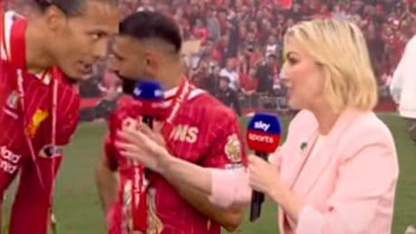 Sky Sports host Kelly Cates apologises to Mo Salah and Virgil van Dijk during trophy party