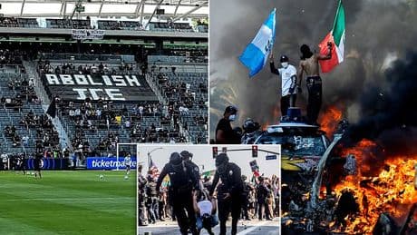 LA soccer fans unfurl anti-ICE banners as anti-Trump protestors ramp up violent clashes with riot police