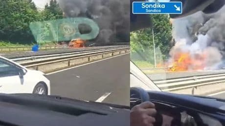 Un coche circula por una carretera de Vizcaya y graban en vídeo el momento en el que un vehículo explota y arde: “Creo que es una ambulancia; lo que explota son las bombonas que llevan”
