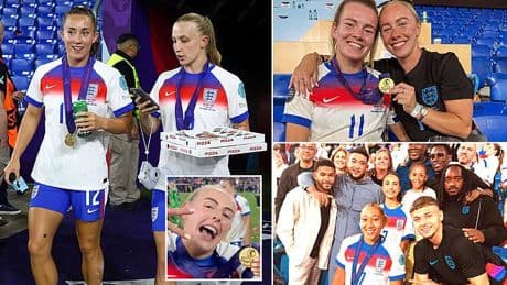 Pizzas on the pitch, Chelsea star Reece James celebrating with sister Lauren, singing in the tunnel and Ella Toone's tribute to her late dad: Inside Lionesses' party after Women's Euros