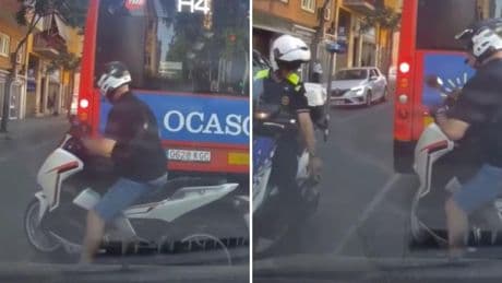 Un motorista intenta adelantar a un autobús en un semáforo en rojo en Barcelona con línea continua, pero se lleva una sorpresa al ver que de frente viene la Guàrdia Urbana: “Métete en contradirección, claro”