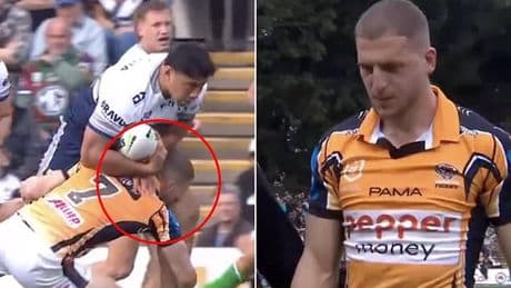 Footy star rushed to hospital after suffering sickening head injury, as Wests Tigers roll back the years with insane try