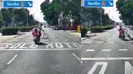 Un ciclista se salta un semáforo en rojo en una calle de Sevilla y termina atropellado por una moto que no alcanza a esquivarle: “Todavía gracias que quien le ha dado ha sido una moto, si no, no lo cuenta”