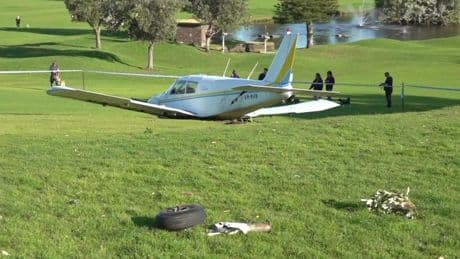 Moment light aircraft crash lands into Sydney golf course