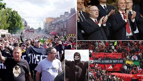 Man United fans launch huge protest against the Glazers before Aston Villa clash - as Sir Jim Ratcliffe stays away from Old Trafford