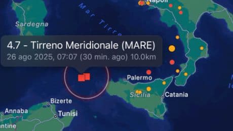 Terremoto oggi Trapani, magnitudo 4.7. Epicentro della scossa in mare nel Tirreno meridionale