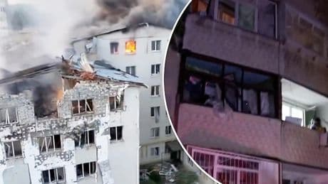 Beelden: Verwoest Oekraïens appartementencomplex na Russische aanvallen