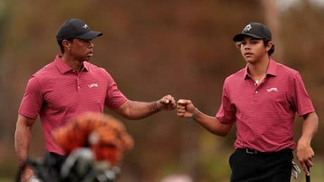 Tiger Woods watches on as son Charlie and Kai Trump put in very different performances