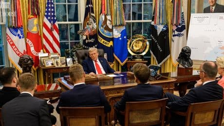 New pics of Trump holding court in Oval Office branded ‘embarrassing’ as world leaders sit around his desk: ‘Like schoolchildren’