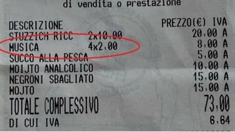 Scontrino choc in un locale di Ostuni: due euro in più a testa per la musica