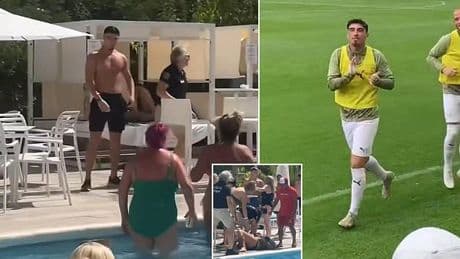 Oldham striker who injured woman by throwing chair during Ibiza brawl is backed by fans - as they make light of ugly incident with new chant in first game since poolside melee