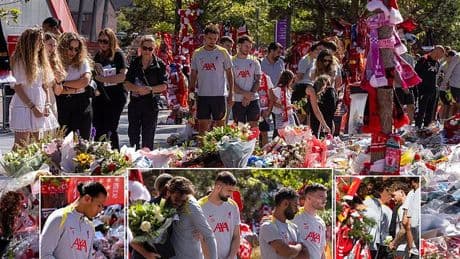 Diogo Jota's wife and team-mates arrive at Anfield to witness fans' incredible tribute and lay flowers for Liverpool star
