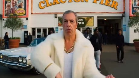 Nigel Farage dances in fur coat at Clacton Pier in bizarre AI rap video