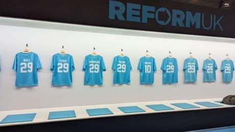 Farage no. 10: Reform selling football shirts in party colours at Birmingham conference