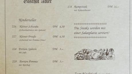 Preis für Schnitzel sorgt für Diskussion - Gasthof serviert Speisekarte in D-Mark