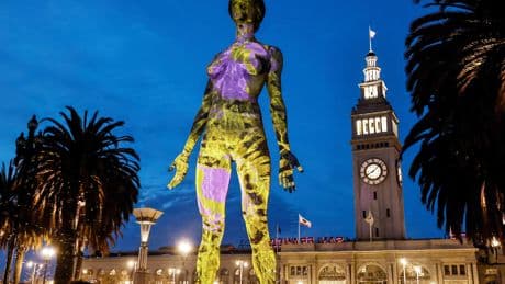 Obscene’ statue sparks outrage in US city once deemed a woke enclave as 45ft naked woman towers over major public plaza