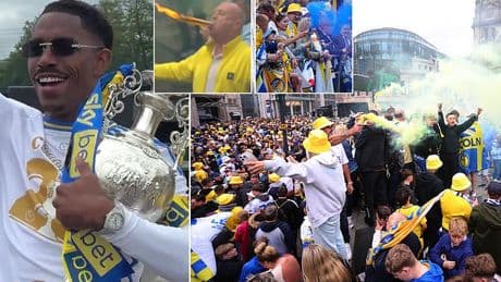 Leeds United fans shut down the city as they pack out the streets, climb up trees and set off smoke bombs to toast their Premier League promotion heroes on victory parade