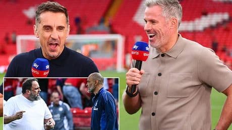 Jamie Carragher mocks Gary Neville with Nottingham Forest comment - after he  was BANNED from City Ground's final match last season for criticising owner Evangelos Marinakis