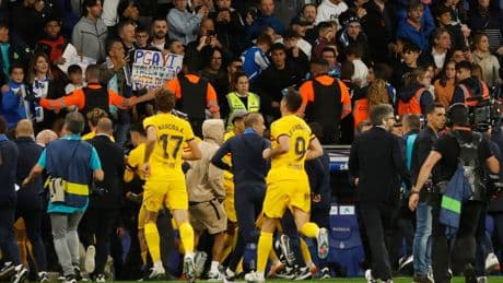 Moment Barcelona stars get chased by rampaging Espanyol fans after winning LaLiga title on fierce rivals’ turf