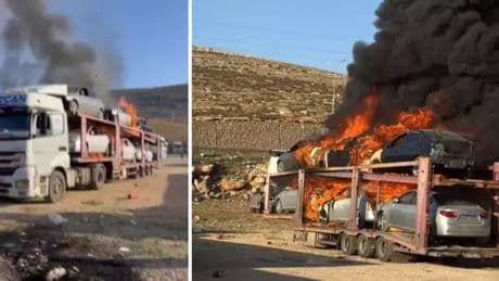 Suriye’ye geçmeyi bekleyen tırda yüklü araçlar alev aldı