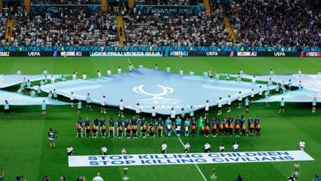 ‘Stop Killing Children’ banner displayed by Uefa ahead of PSG vs Spurs in Super Cup