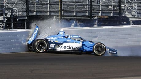 Indy 500 driver Marcus Armstrong taken away on stretcher after heavy crash in qualifying practice