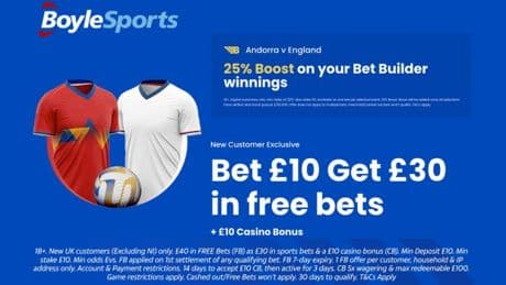 Andorra vs England: Get £30 in free bets and £10 casino bonus with BoyleSports, plus 25% boost on your winnings