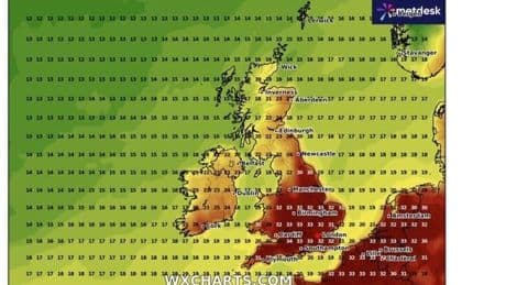 Exact date UK temperatures could soar into mid-30s as weather maps turn dark red