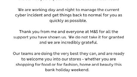 M&S issues update as crippling cyber attack continues for 11th day