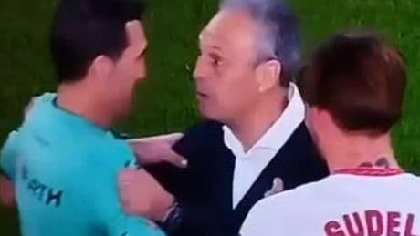 La polémica celebración de Joaquín Caparrós con un árbitro tras la salvación del Sevilla