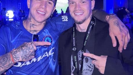 Mykhailo Mudryk pictured with medal after Chelsea win Conference League final