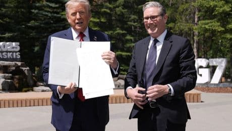 UK-US trade deal is ‘done’, Donald Trump says as he meets Keir Starmer at G7