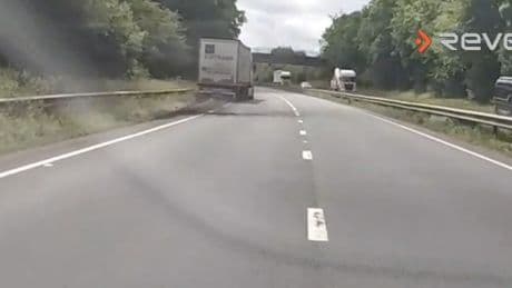 Terrifying moment lorry driver swerves manically across major A-road missing traffic by INCHES while 4x over legal limit