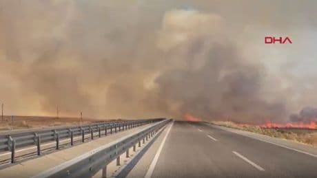 Edirne'de anız yangını! Kara yolu kapatıldı, bir de zincirleme kaza meydana geldi