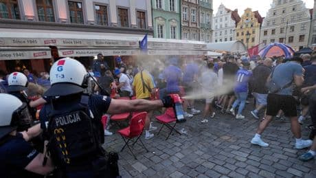 Shocking moment Chelsea fans brawl & throw glasses as violence erupts in Poland ahead of Conference League final