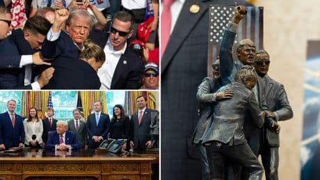 Sculpture depicting iconic Trump assassination attempt photo displayed in Oval Office