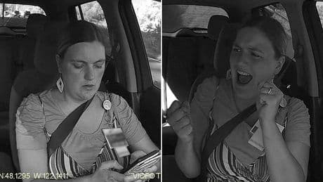 Instant karma! Moment woman texting with both hands while driving crashes rental car... before screaming in fury