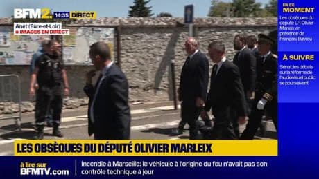 L'arrivée de François Bayrou, Gérald Darmanin et Bruno Retailleau aux obsèques d'Olivier Marleix