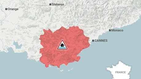 Map shows scale of flooding across southern France which left three people dead