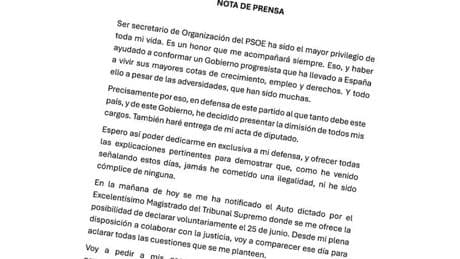El texto íntegro de la carta de dimisión de Santos Cerdán