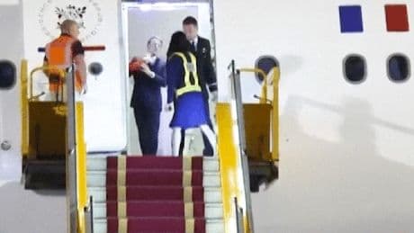 Incredible moment Emmanuel Macron is shoved in face by wife Brigitte before getting off presidential plane