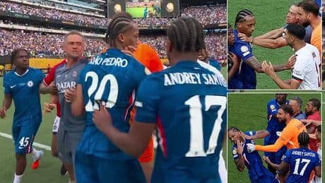 PSG boss Luis Enrique appears to SLAP Chelsea striker Joao Pedro in the face following the Blues' Club World Cup triumph