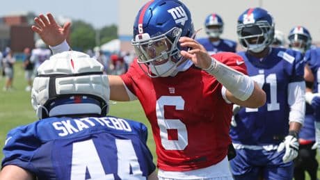 Jaxson Dart, Cam Skattebo show off rookie connection at Giants camp