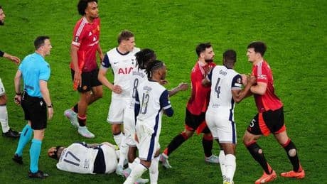 Harry Maguire confronts Tottenham star as pair pulled apart after Europa League final