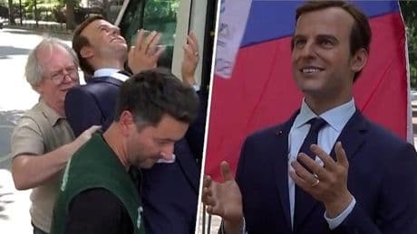 Activisten stelen wassen beeld Emmanuel Macron