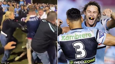 Fists fly in wild brawl between NRL rival supporters at Sharks vs Roosters