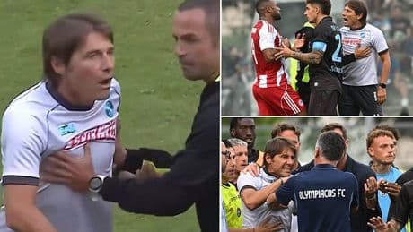 Tense moment Antonio Conte loses it on the touchline and has to be restrained by the referee in on-pitch fight during Napoli friendly