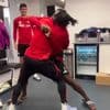 ‘Marco Silva won’t be happy with this’ – Moment Fulham star is FLOORED by Adama Traore in dressing room wrestling match